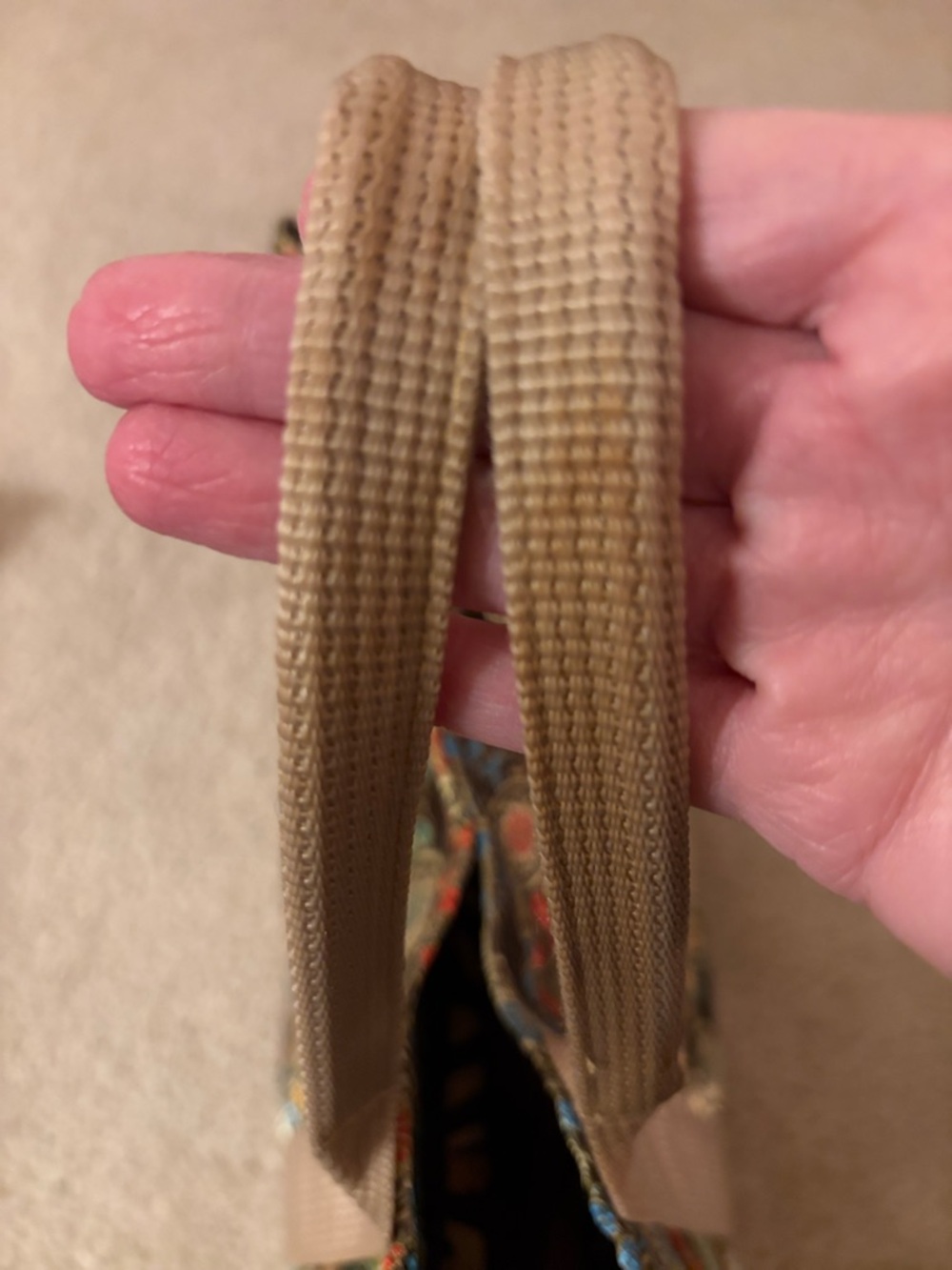 Oriental Olive Green Vibrant Floral Jacquard Satin Tote Bag with Beige Straps - Picture 9 of 16